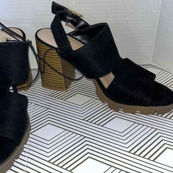 Ana Daly Heel Sandals Size 8 M Black Faux Suede Open Toe Buckle Chunky Y2K - Picture 3 of 11